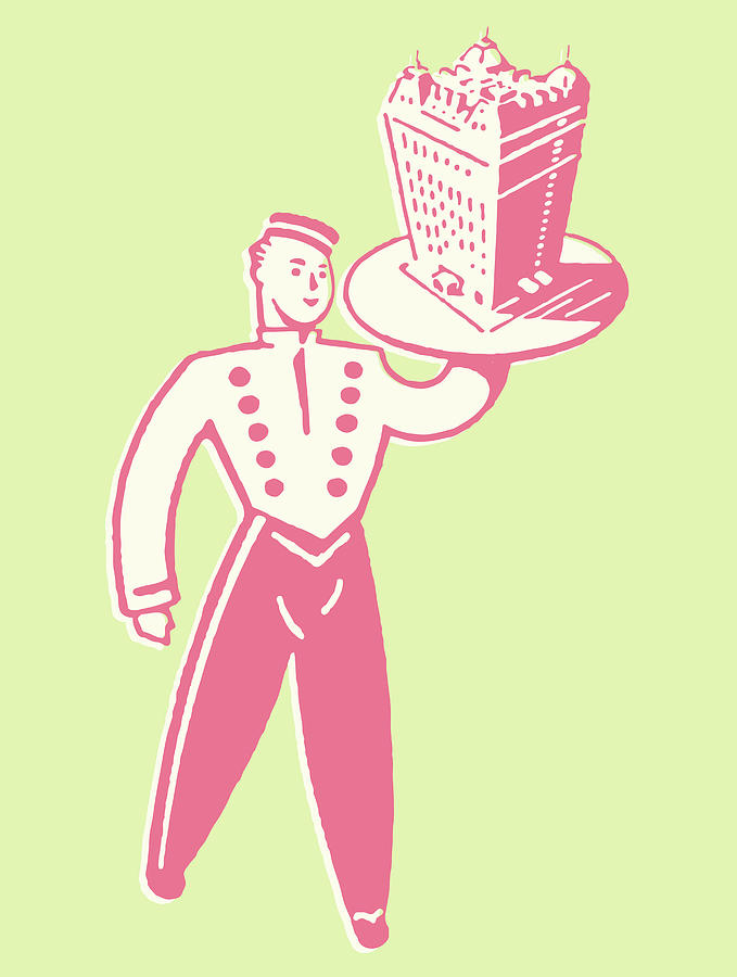 Vintage Drawing - Bellhop with Hotel on Tray by CSA Images