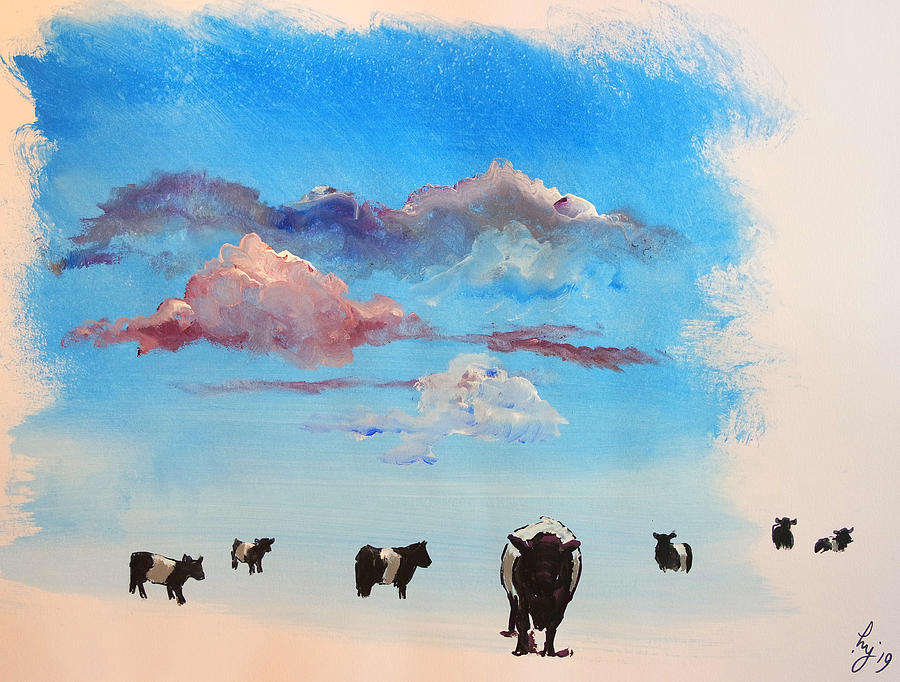 Belted galloway cows under blue sky with clouds Painting by Mike Jory