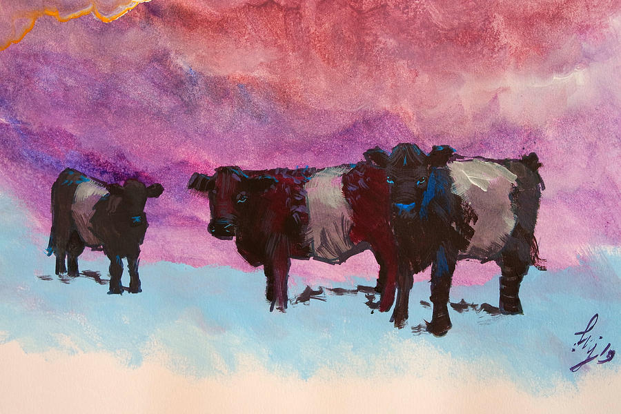 Belties cattle painting with atmospheric purple blue backgorund Painting by Mike Jory