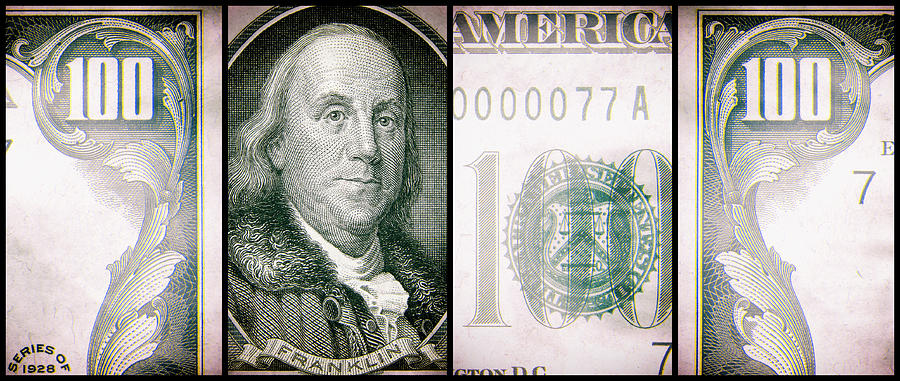 Ben Franklin 1928 American One Hundred Dollar Bill Currency Polyptych Artwork 2 Digital Art by Shawn OBrien