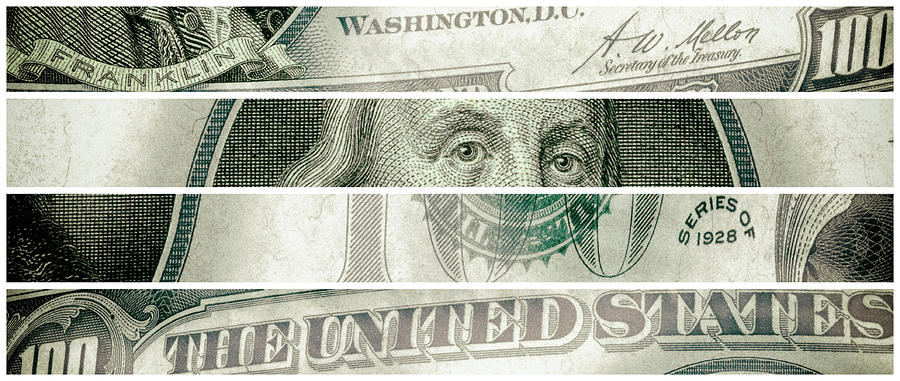 Ben Franklin 1928 American One Hundred Dollar Bill Currency Polyptych Artwork Digital Art by Shawn OBrien