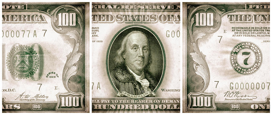 Ben Franklin 1928 American One Hundred Dollar Bill Currency Triptych Artwork Digital Art by Shawn OBrien