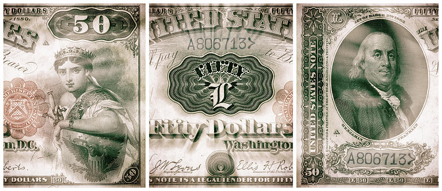 Ben Franklin Liberty 1880 American Fifty Dollar Bill Currency Triptych Artwork Digital Art by Shawn OBrien