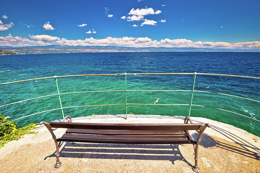 Bench by the sea on Lungomare walkway in Opatija riviera Photograph by Brch Photography