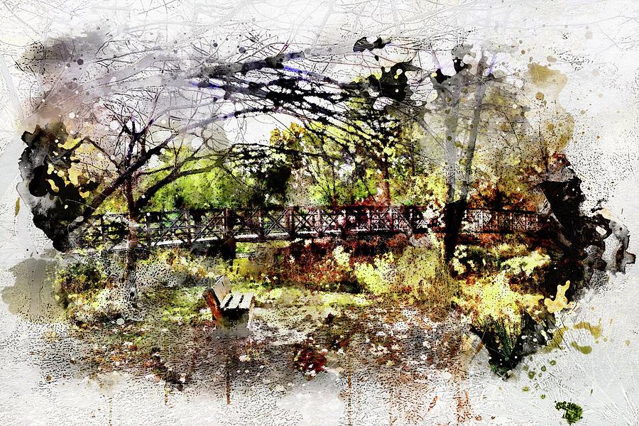 Bench on the River Watercolor Digital Art by Michael Thomas