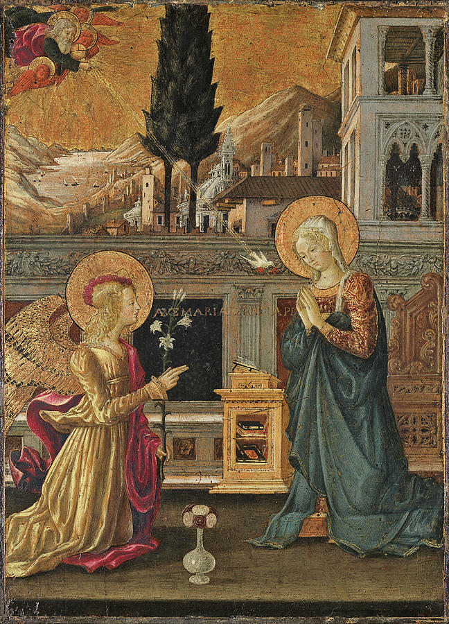 Benedetto Bonfigli -Perugia, ca. 1420-1496-. The Annunciation -ca. 1455-. Tempera and gold on pan... Painting by Benedetto Bonfigli -c 1420-1496-