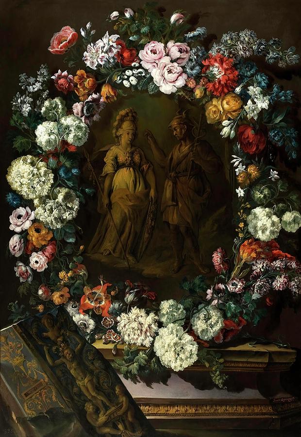 Benito Espinos / Garland of Flowers with Mercury and Minerva, 1811, Spanish School, Oil on panel. Painting by Benito Espinos -1748-1818-