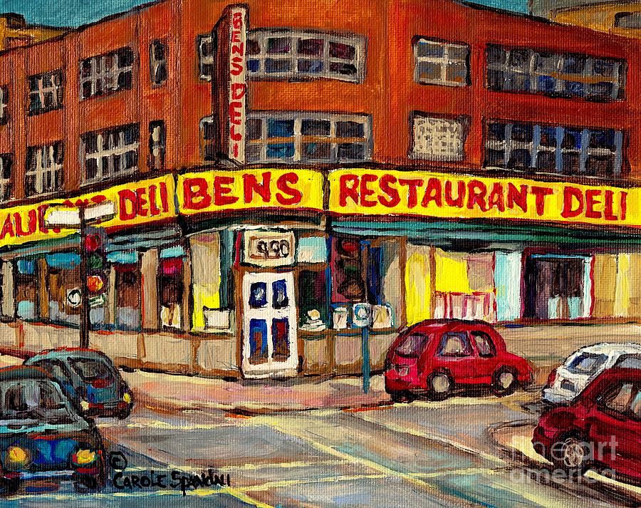 Bens Deli Restaurant Corner De Maisonneuve Montreal Smoked Meat Landmark Street Scene Art C Spandau Painting by Carole Spandau