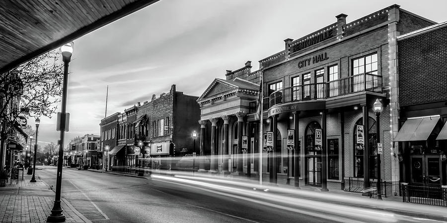 Bentonville Arkansas Central Avenue Skyline Panoramic - Black and White Photograph by Gregory Ballos