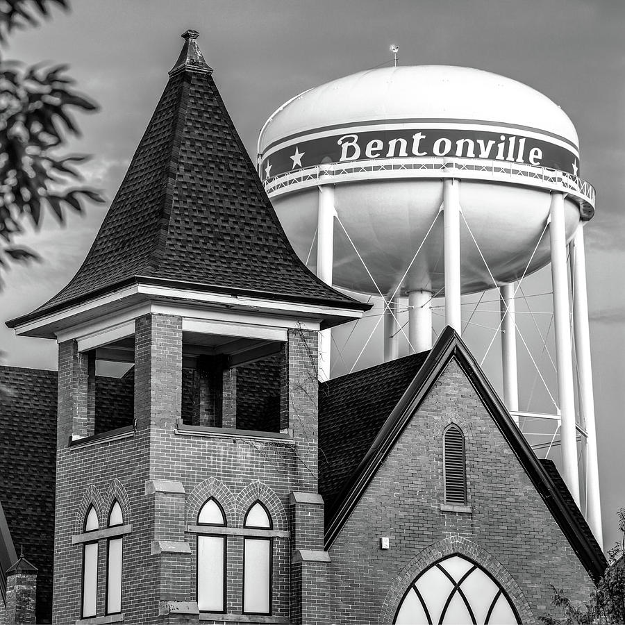 Bentonville Arkansas Water Tower And Historic Architecture - Black And White 1x1 Photograph