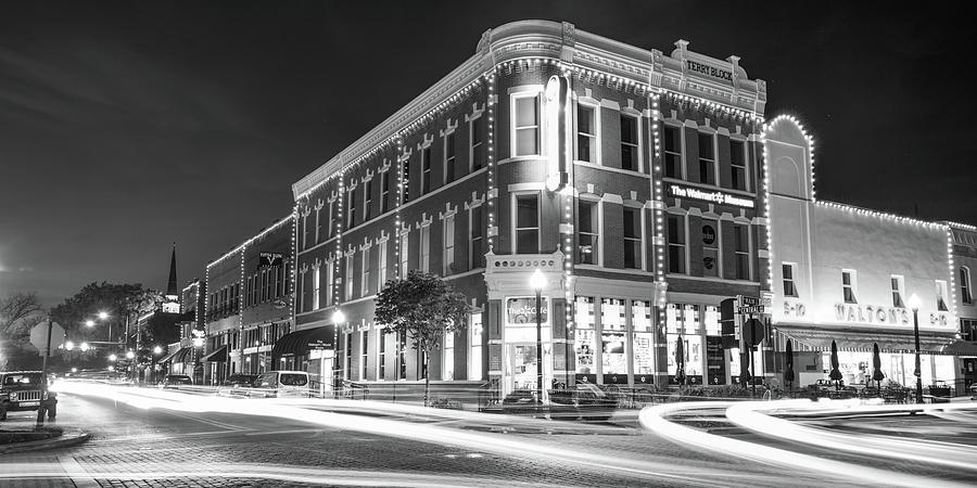 Bentonville Skyline At Central and Main Panorama - Black and White Photograph by Gregory Ballos