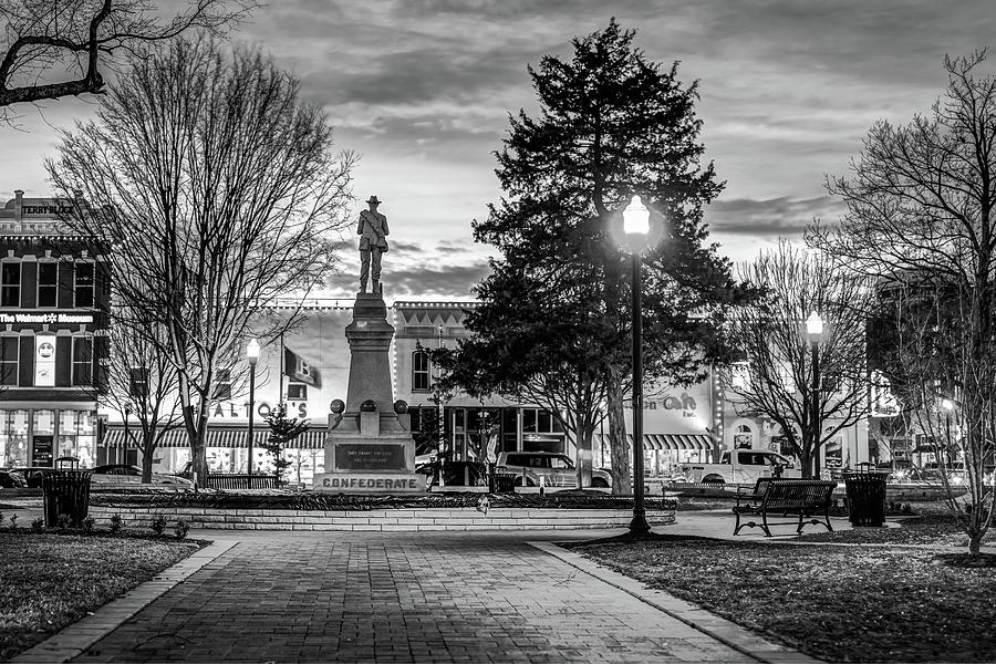Bentonville Town Square Fountain in Winter - Monochrome Photograph by Gregory Ballos