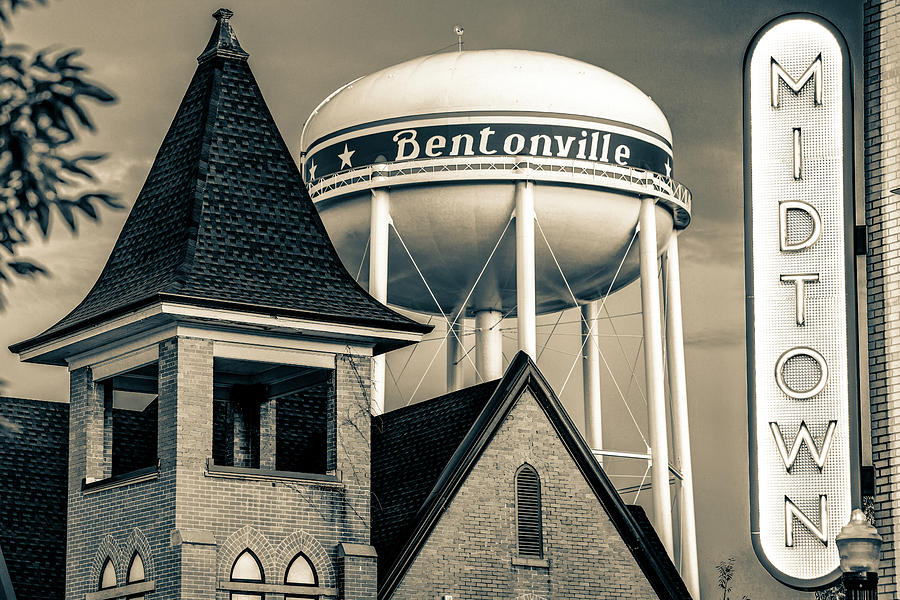 Bentonville Water Tower - Midtown Neon - Sepia Cityscape by Gregory Ballos Bentonville Water Tower - Midtown Neon - Sepia Cityscape by Gregory Ballos