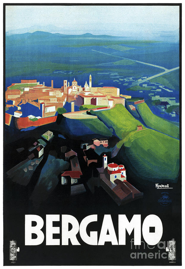 Bergamo Italy Vintage Travel Poster Restored Drawing