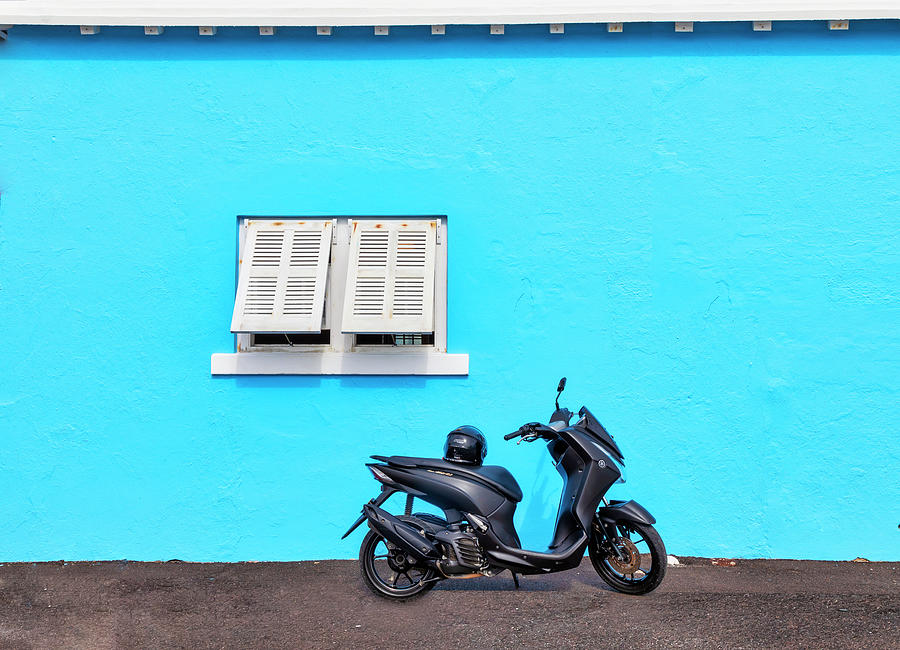 Bermuda, Saint George, Scooter In Front Of Blue Wall Digital Art by Lumiere