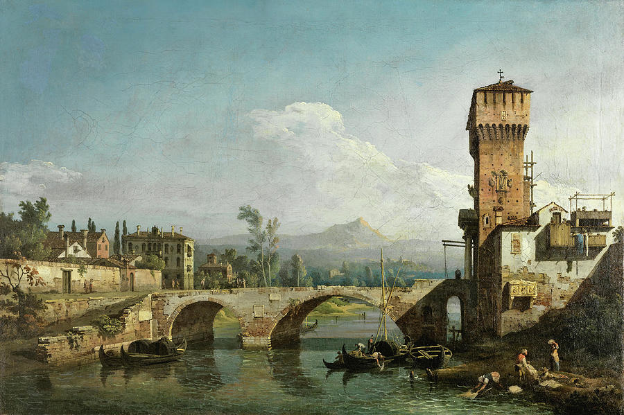 Bernardo Bellotto -Venice, 1720-Warsaw, 1780-. Capriccio with a River and Bridge -ca. 1745-. Oil ... Painting by Bernardo Bellotto -1720-1780-