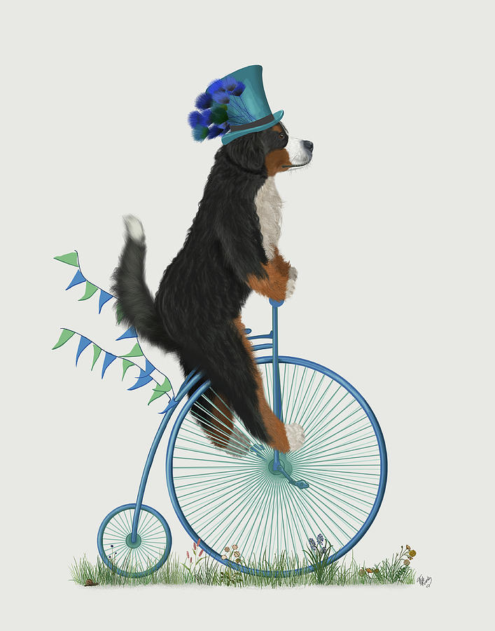 Dog Painting - Bernese On Penny Farthing by Fab Funky