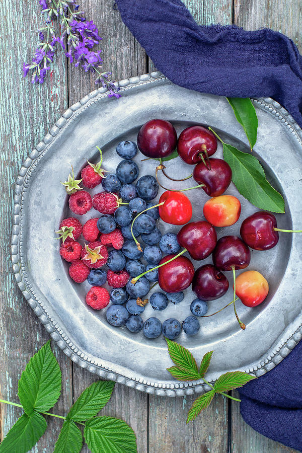 Berries On Vintage Plate Top View Photograph by Andrey Maslakov