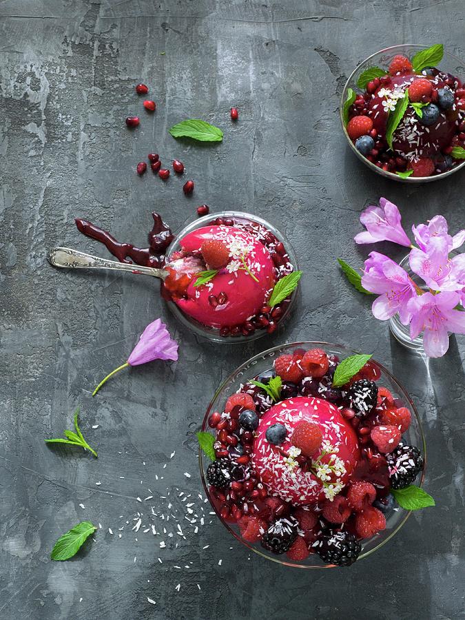 Berry Desserts With Flowers And Mint Photograph by Brbel Bchner