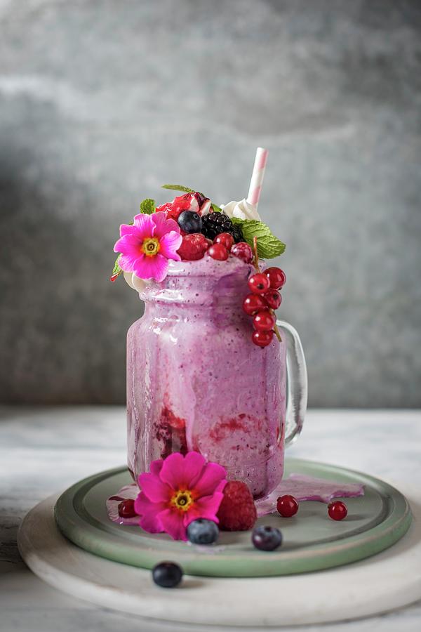 Berry Milkshake Made With Vanilla Gelato And Red Fruit With Cream And Red Fruit Compot Photograph by Magdalena Hendey