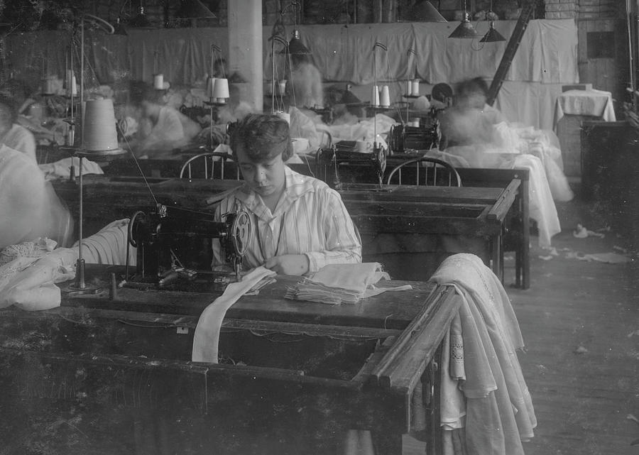 Bessie Blitch, 15 years old. Sewing curtains on machine at Boutwell, Fairclough & Gold, 274 Summer Street Extension. Painting by 