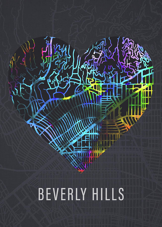 Beverly Hills Mixed Media - Beverly Hills California City Heart Street Map Love Dark Mode by Design Turnpike