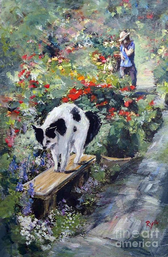 Bicolour Cat in Rose Garden Painting by Ryn Shell