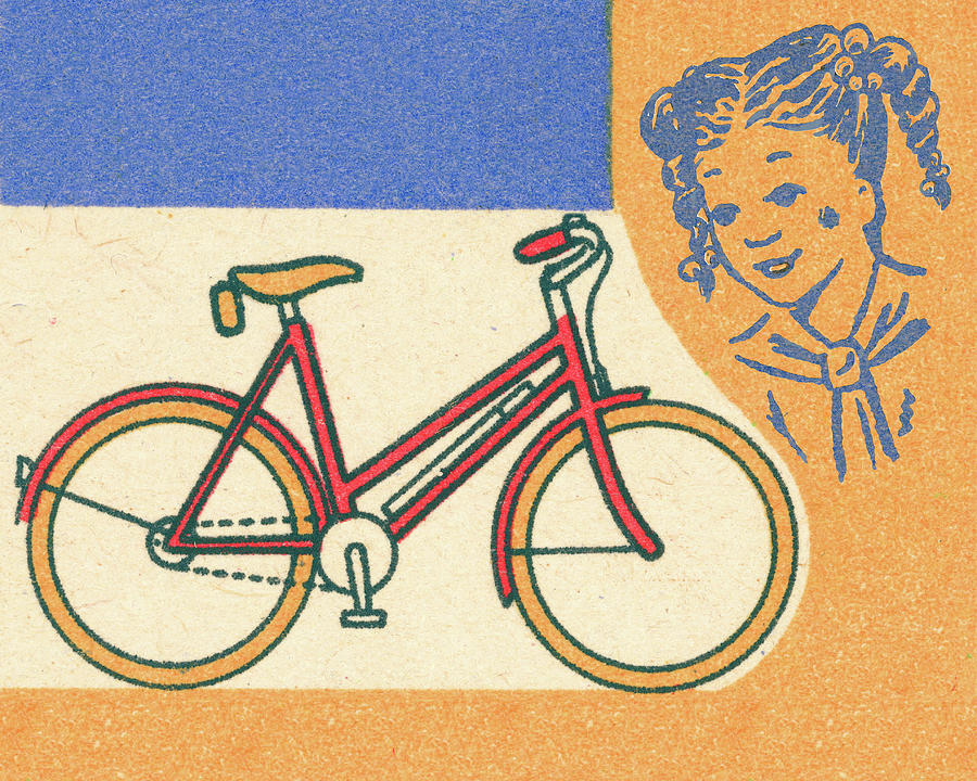 Vintage Drawing - Bicycle and Girl by CSA Images
