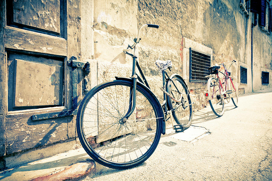 Bike against store wall