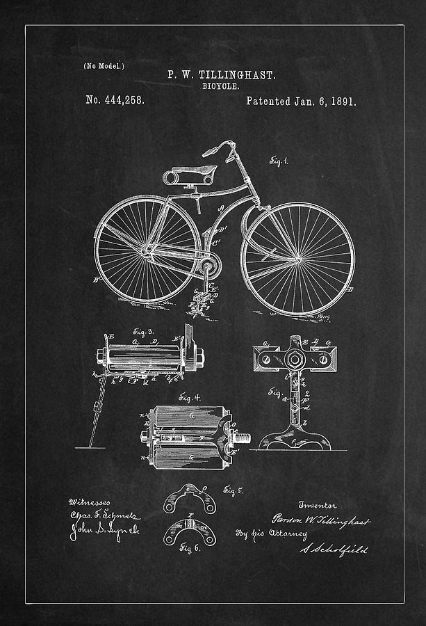 Bicycle Patent Drawing From 1891 - Gray Digital Art by Carlos Diaz