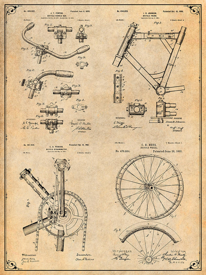 Bicycle Set Antique Paper Patent Print Drawing by Greg Edwards
