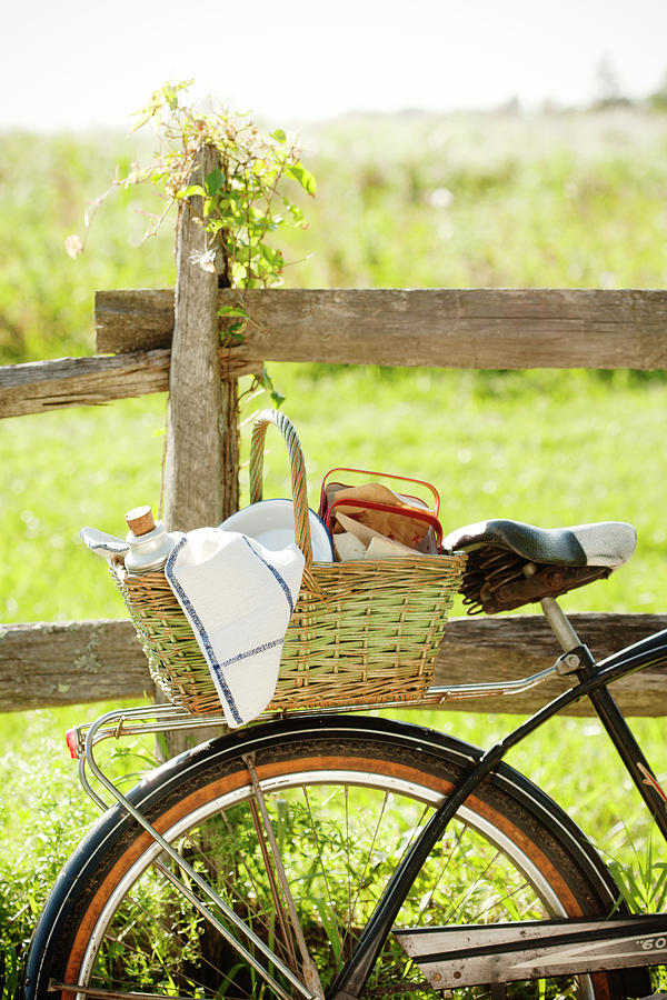 Bicycle With Picnic Basket At A Wooden Fence In The Meadow Photograph by Colin Cooke
