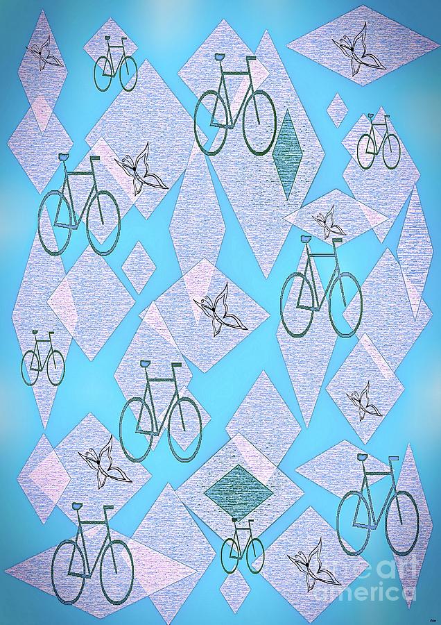 Bicycles and Butterflies Blue  Mixed Media by Eloise Schneider Mote