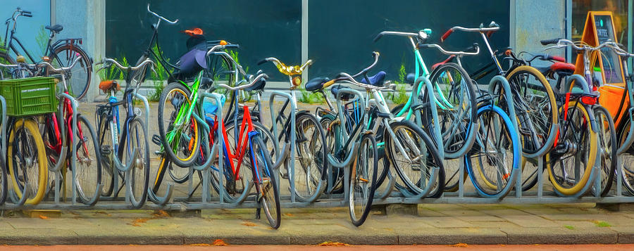 Bicycles in Amsterdam Painting Photograph by Debra and Dave Vanderlaan