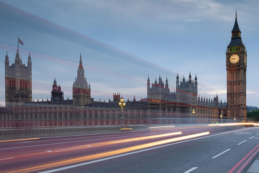 London Photograph - Big Ben With Bright Trails by Paolo Bolla