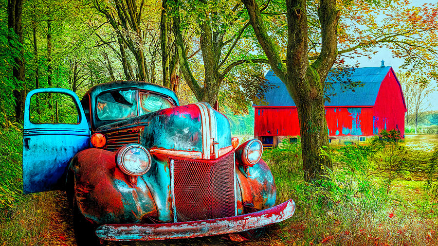 Big Blue on the Farm Lane Painting Photograph by Debra and Dave Vanderlaan