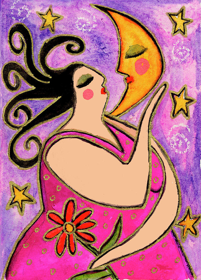 Women Painting - Big Diva Kissing The Moon by Wyanne