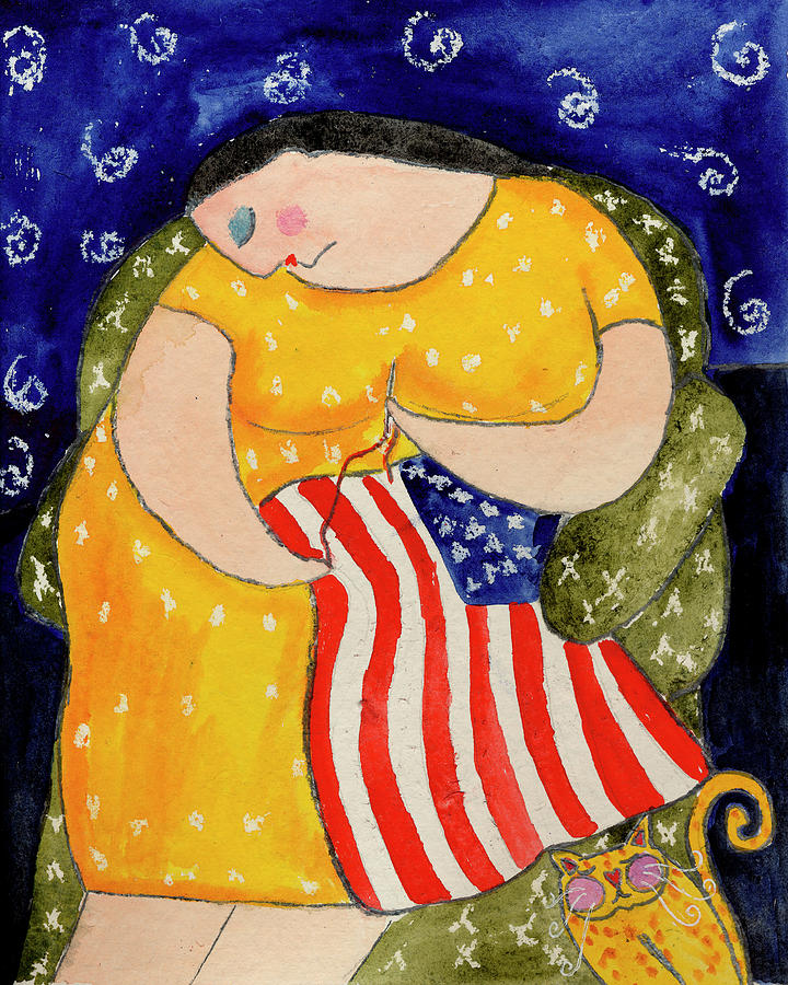 Cat Painting - Big Diva Mending Our Flag by Wyanne