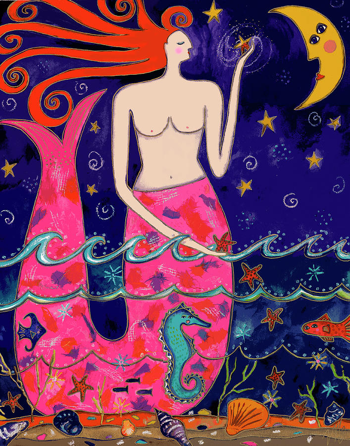 Animal Painting - Big Diva Mermaid Making Stars by Wyanne