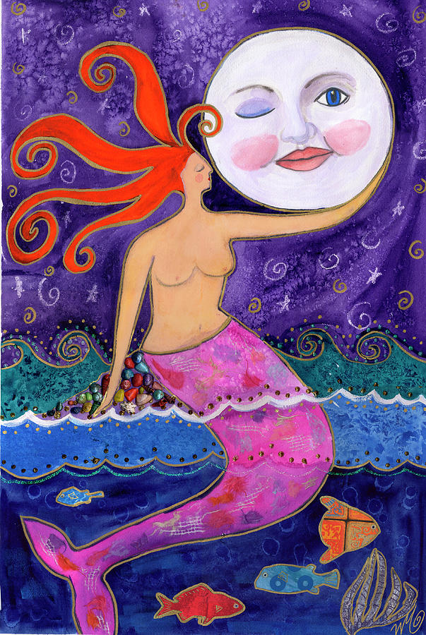 Mermaid Painting - Big Diva Mermaid Moon Lover by Wyanne
