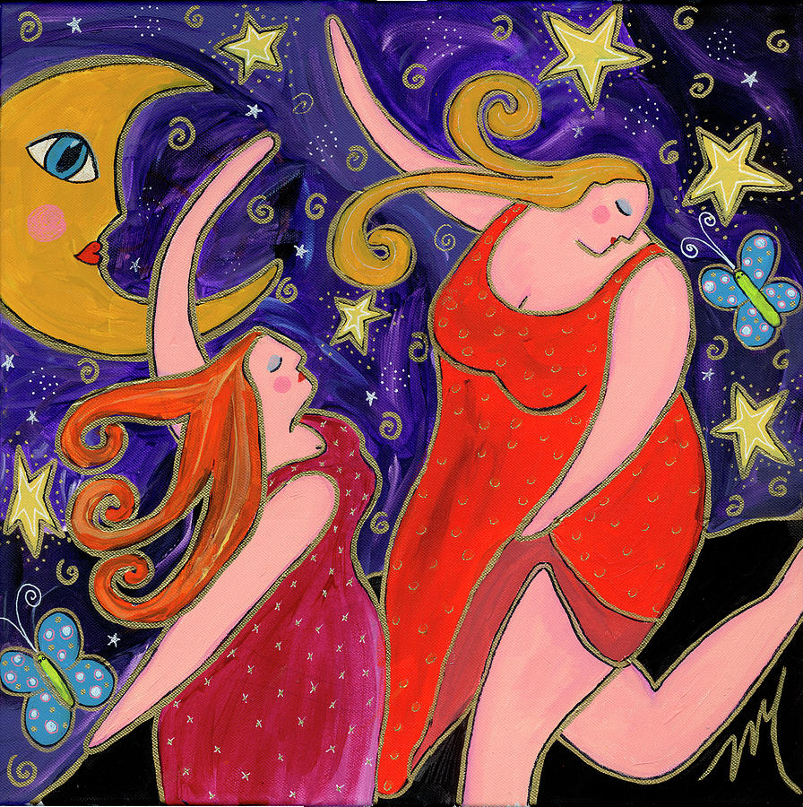 Woman Painting - Big Diva Moon Goddesses Dancing by Wyanne