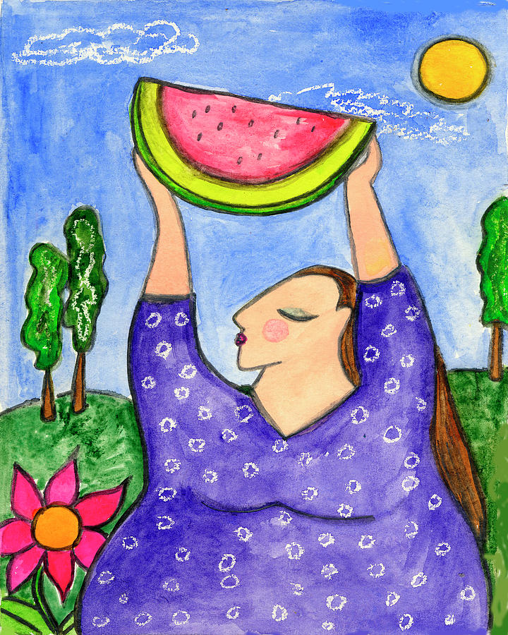 Watermelon Painting - Big Diva With Watermelon by Wyanne