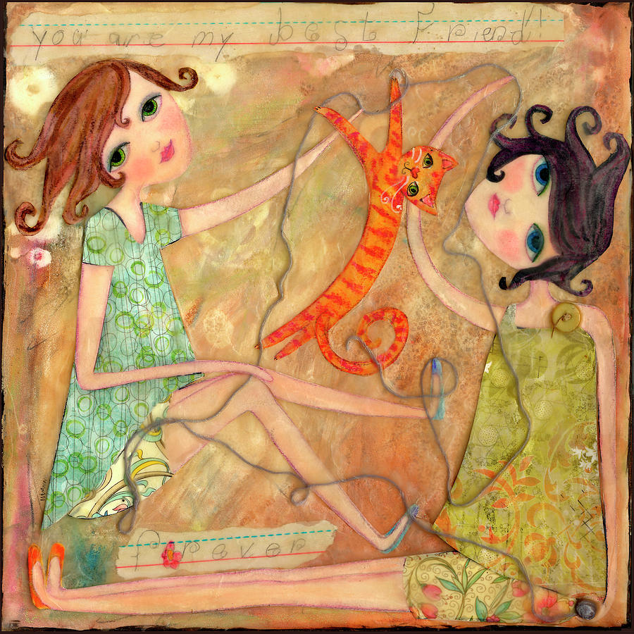 Animal Painting - Big Eyed Girl Best Friends by Wyanne