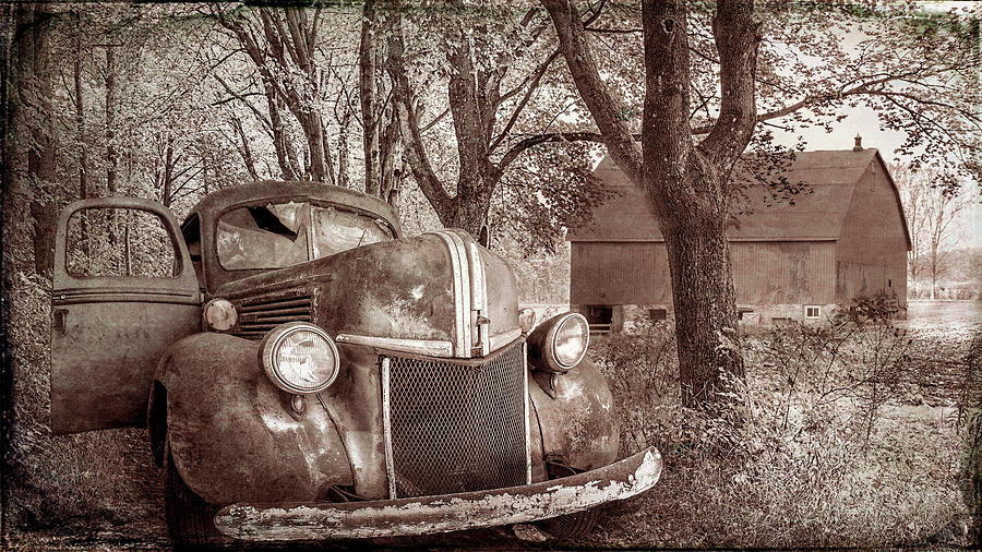 Big Ford on the Farm Lane Old Time Sepia Tones Photograph by Debra and Dave Vanderlaan