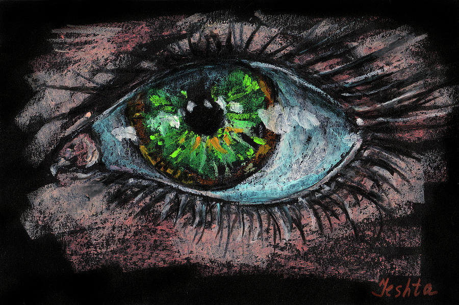 Iris Pastel - Im watching you. Big green eye. Oil Pastel. Black background by Elena Sysoeva