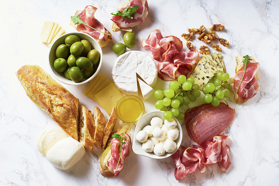 Big Plate Of Appetizers For Party Of Breakfast: Gourmet Cheese And Meat Photograph by Asya Nurullina