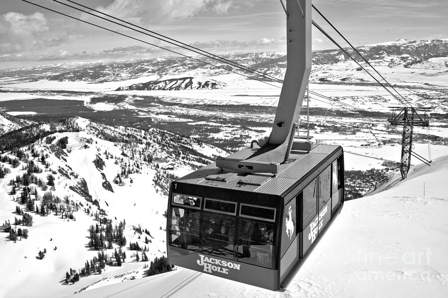 Big Red Jackson Hole Tram Black And White Photograph by Adam Jewell