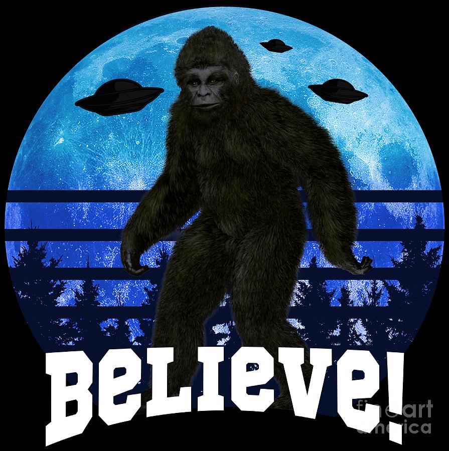 Bigfoot UFO Believe Funny Moon Crazy Alien Retro Digital Art by ...