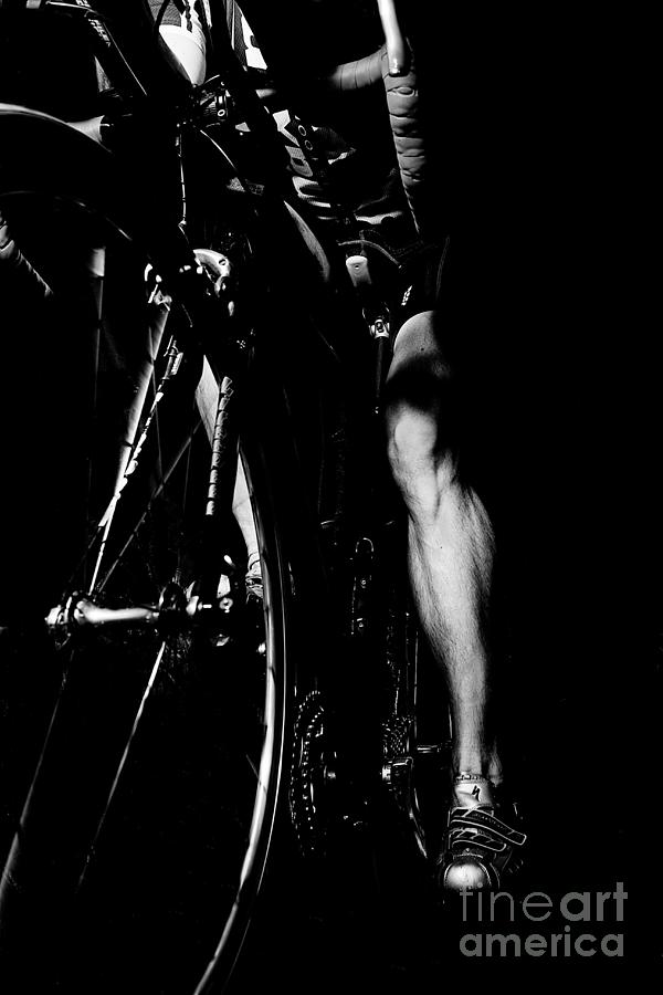Bike Rider Leg On His Race Bike. Black And White Photography. Photograph by 