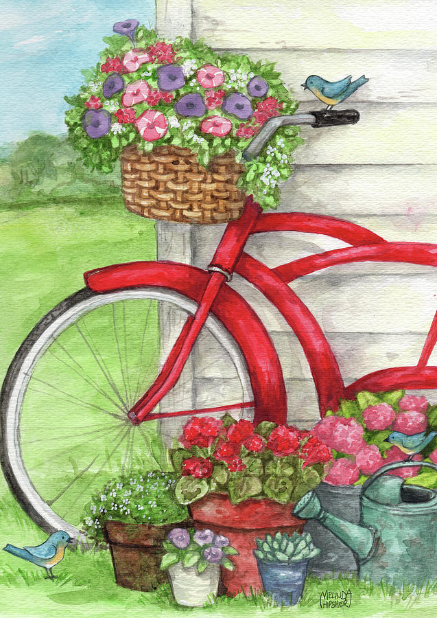 Seasonal Painting - Bike With Birds And Flowers Flag by Melinda Hipsher